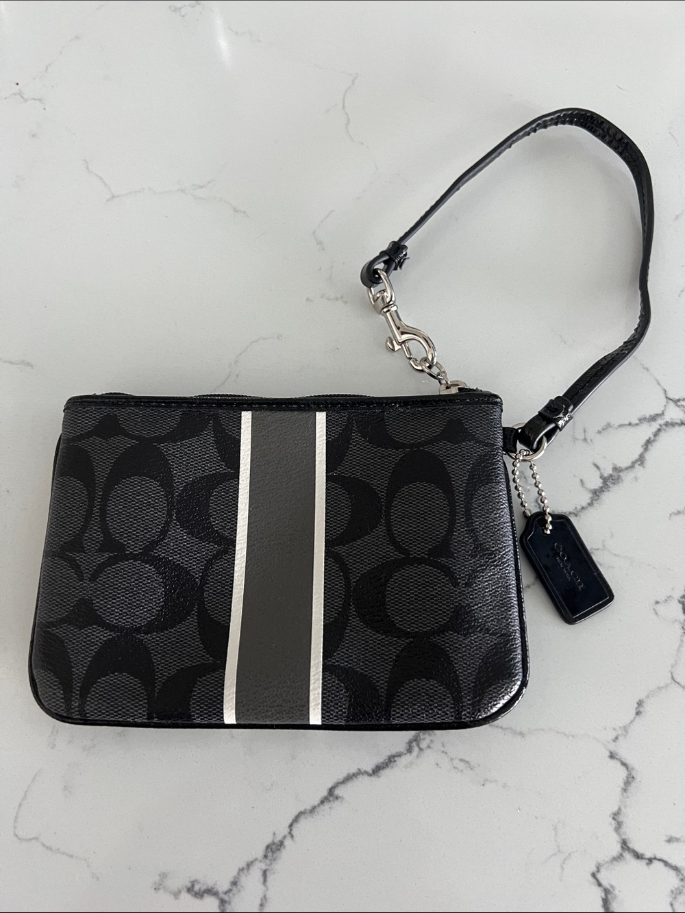 Coach Black Signature Stripe Wristlet with Gray and White Center Stripe